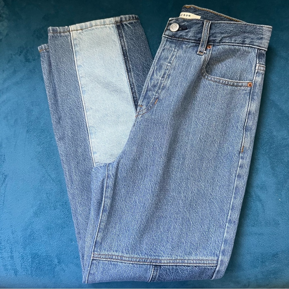 PACSUN Eco Two-Tone Patchwork Blue High Waisted Straight Leg Jeans - Picture 8 of 13